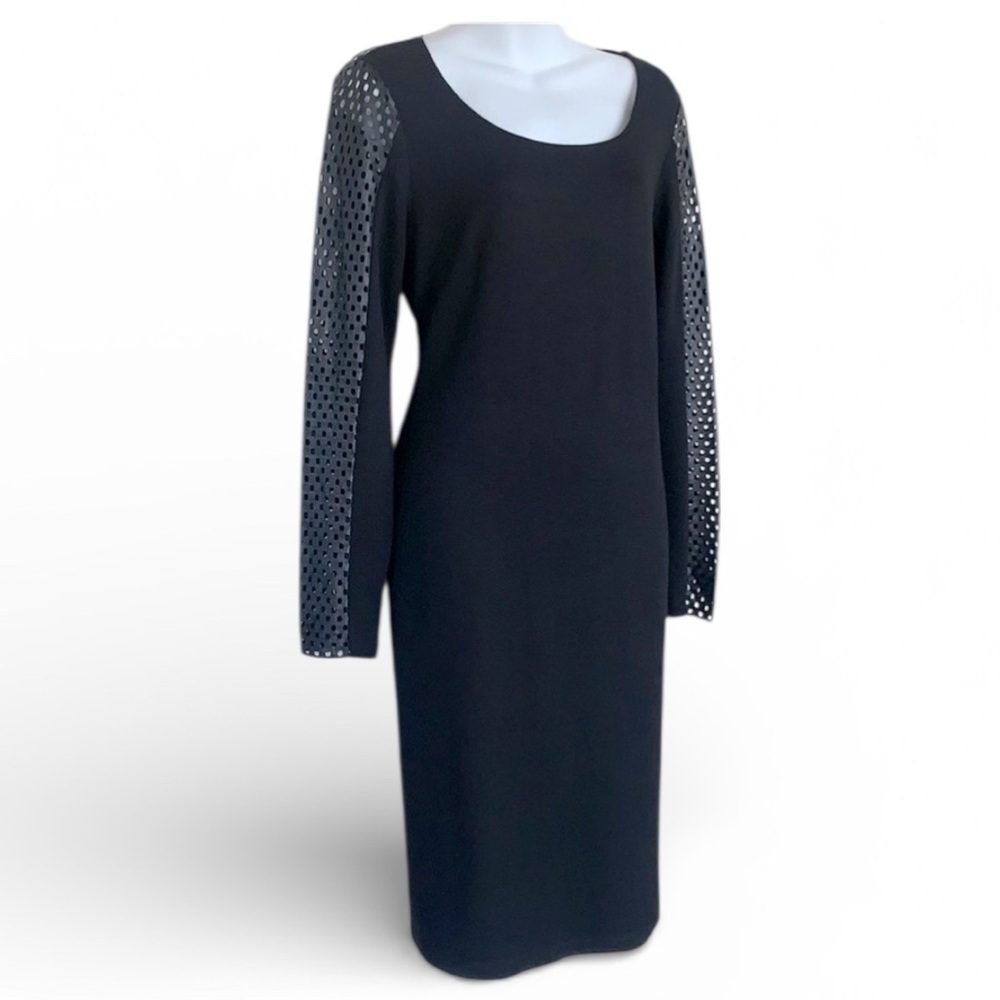 Bailey 44 dress, Women's, black, L EUC laser-cut leather top/sleeves, zips. LBD